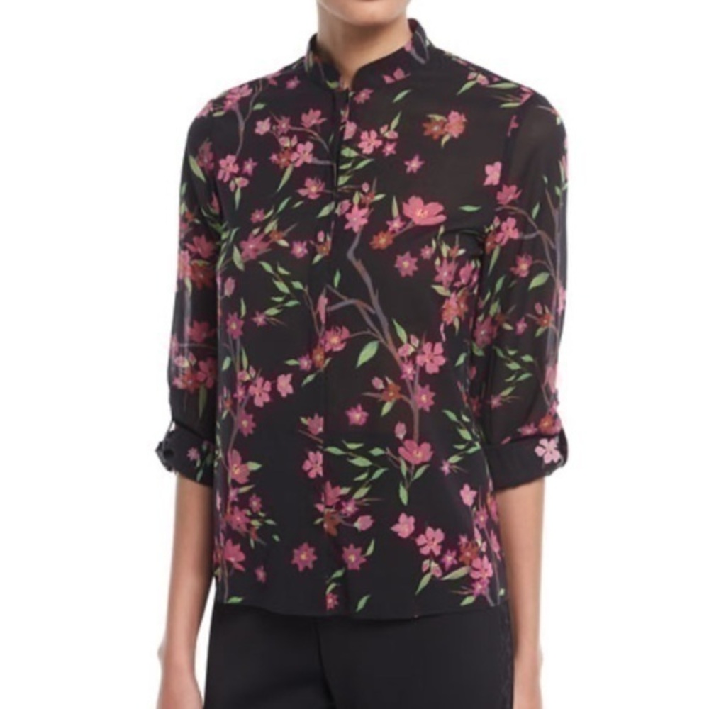 Alice + Olivia Size XS Eloise Blouse Black Purple Floral Mandarin Collar Top